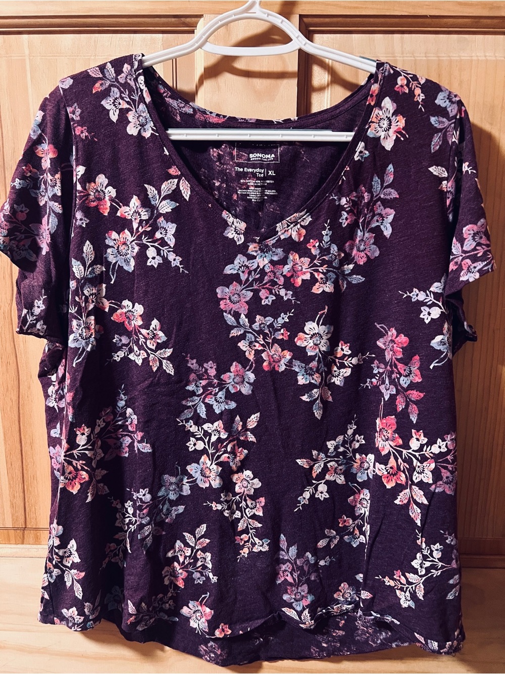 Sonoma Purple Floral V-Neck Short Sleeve Top